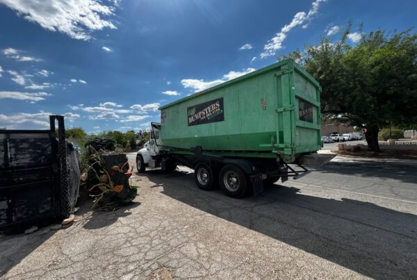 40-yard roll-off dumpster placed in a residential driveway in Summerlin, Las Vegas during a large home renovation and cleanup project.